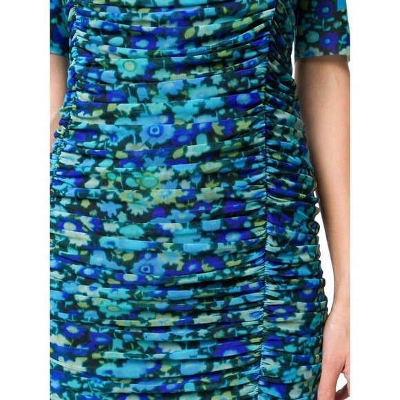 GANNI Floral Ruched Stretch Tulle Short Sleeve Crew Neck Bodycon Sheath Dress XS - Picture 10 of 16
